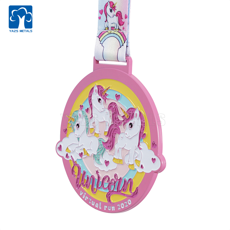 Pink dyed metal cute unicorn 5KM finisher medal