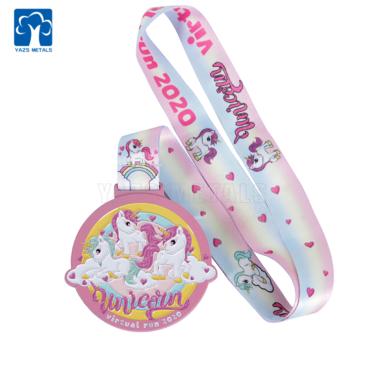 Pink dyed metal cute unicorn 5KM finisher medal