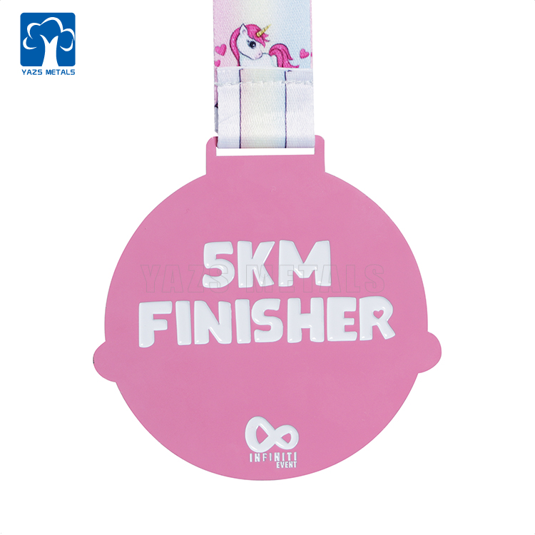 Pink dyed metal cute unicorn 5KM finisher medal